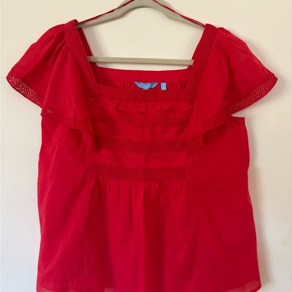 Draper James Vibrant Red Blouse with Lace Accents